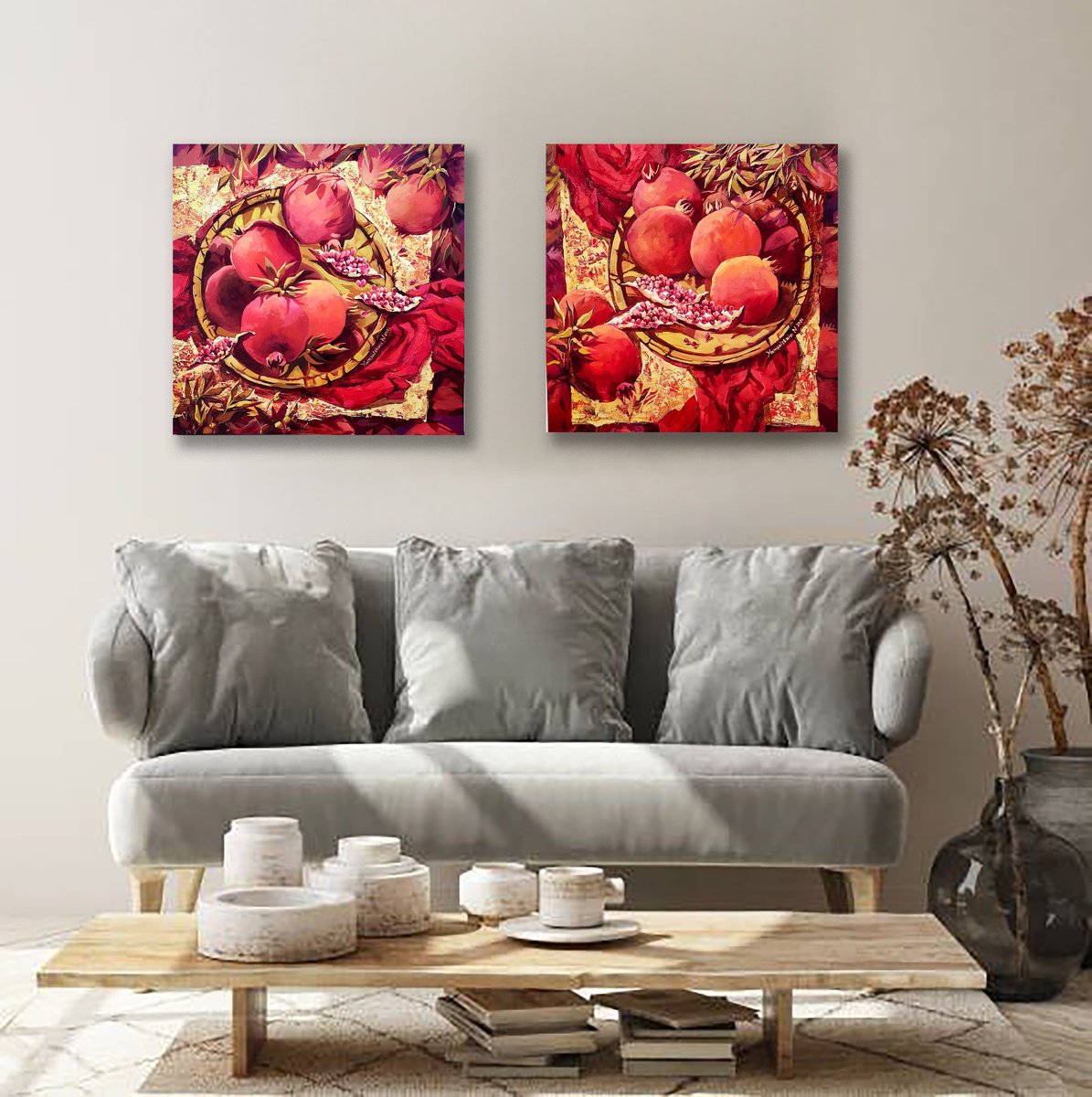 Surrealistic Still Life Oil Painting By Natalia Yampolskaia, 47 X 24", Happiness On A Plate. Diptych, Original Artwork