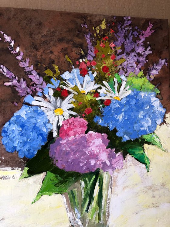 Bouquet flowers in vase, still life painting with flowers