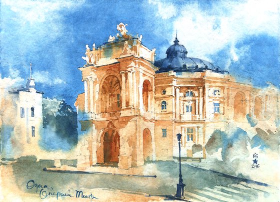 Architectural landscape "Opera theater in Odessa, Ukraine" - Original watercolor painting