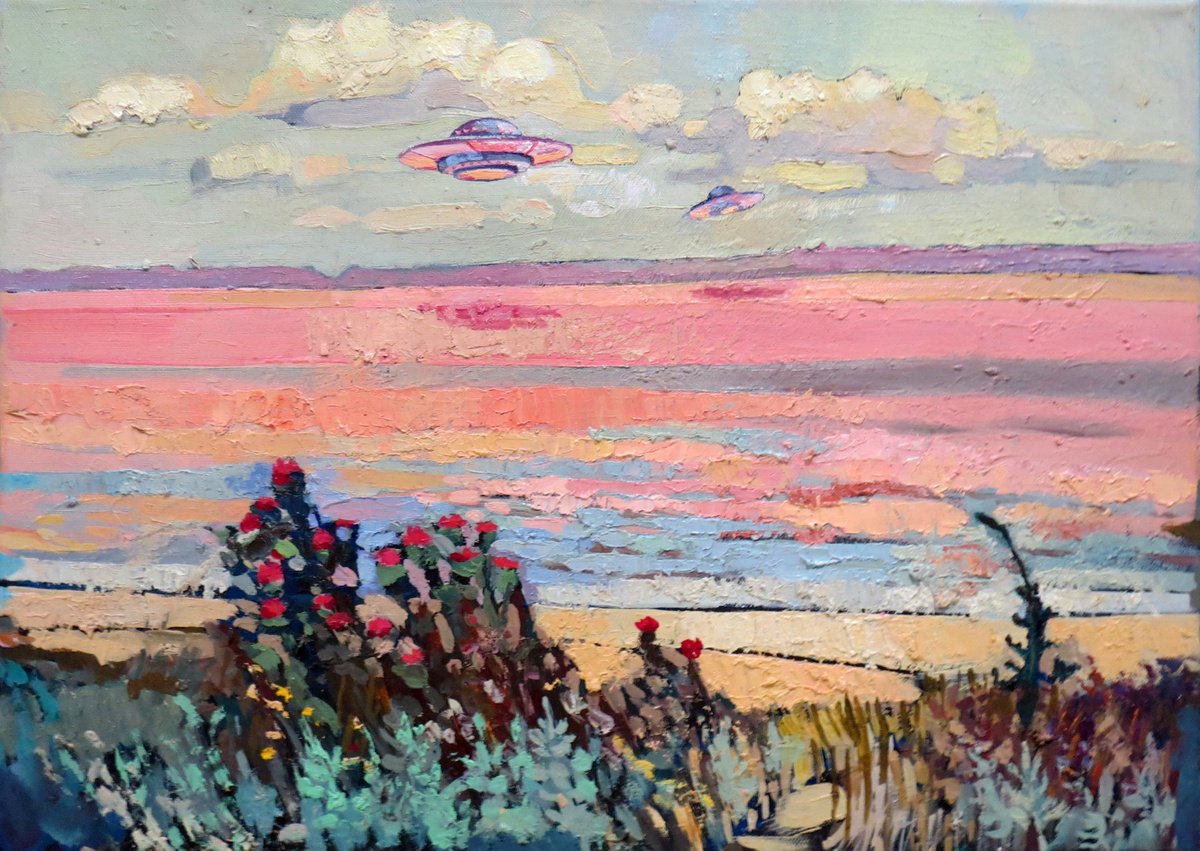 Two ufo over pink lake Painting by Maria Barkovskaya