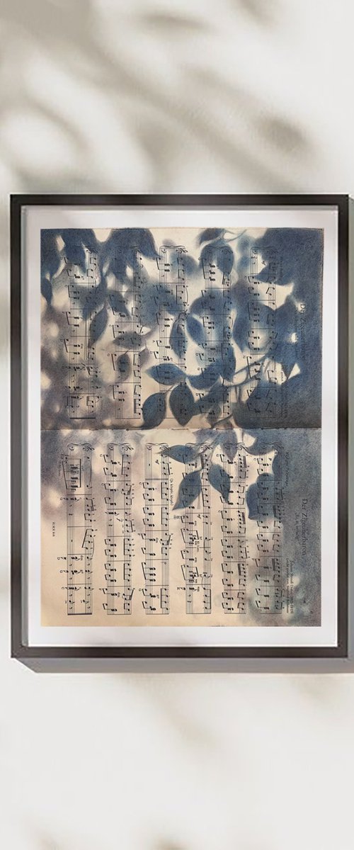 Leaf Silhouette Pastel on Vintage Sheet Music by Julia Shilo
