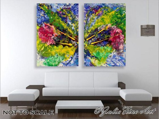 Original Art, Surreal Abstraction, Modern Painting, Hand-painted, Ready to Hang, Rich Texture, Floral Art, Multicolored, Zen, Impasto, Contemporary Abstract Diptych ''Soul Mates''