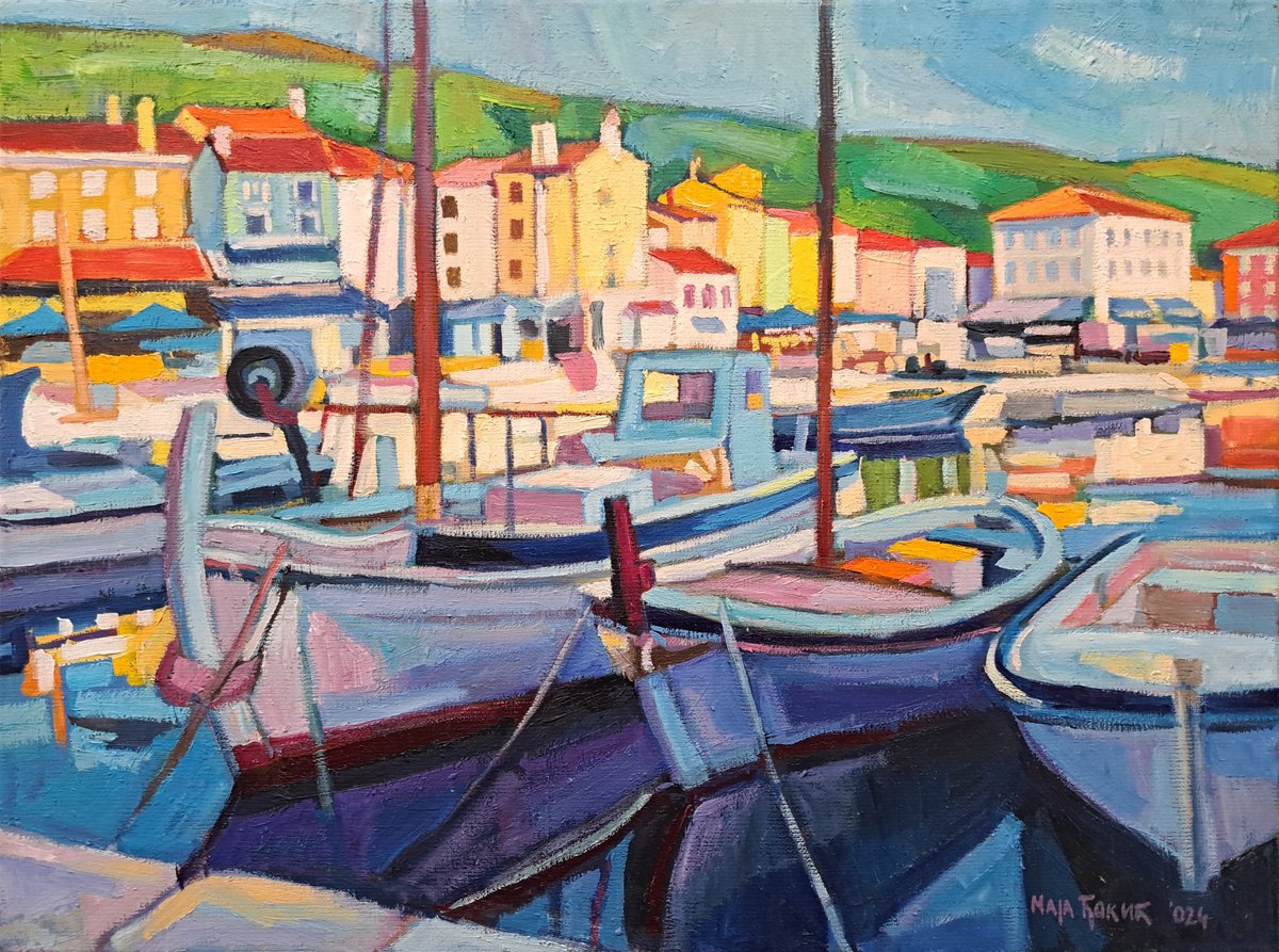 Impressionistic Cityscapes Oil Painting By Maja ?okic Mihajlovic, 16 X 12", In The Quiet Harbor, Original Artwork