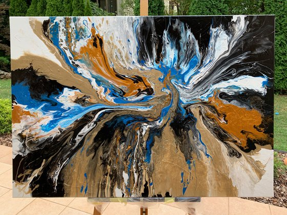 The Shining of Gold #6 - LARGE, VIBRANT, WHITE , GOLD, BLACK & BLUE ABSTRACT ART – EXPRESSIONS OF ENERGY AND LIGHT. READY TO HANG!