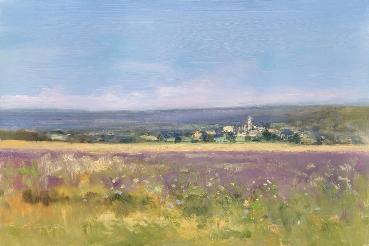 Impressionistic Landscape Oil Painting By Pascal Giroud, 12 X 8", Lavender At Oraison, Original Artwork