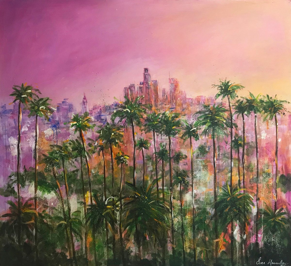 Impressionistic Landscape Acrylic Painting By Ewen Macaulay, 47 X 47, L.a Sunset, Original Artwork