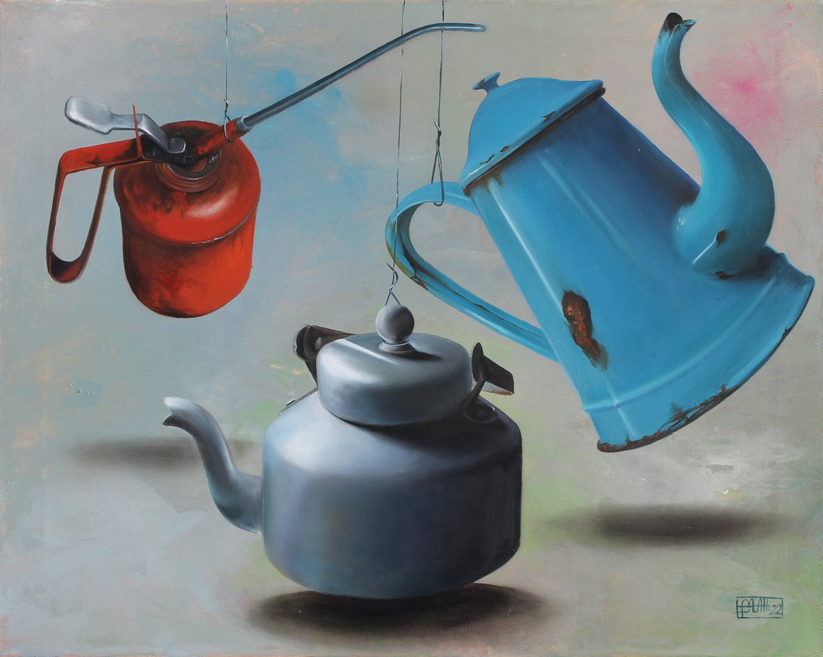 Surrealistic Still Life Oil Painting By Nicoletta Bagatti, 24 X 20", Appesi Ad Un Filo-Sospesi 12, Original Artwork