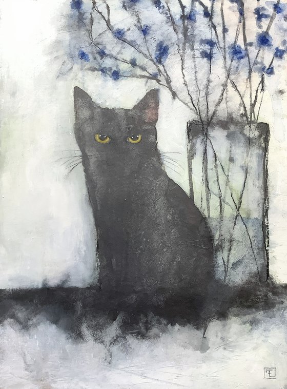 CHAT NOIR ET FLEURS BLEUS