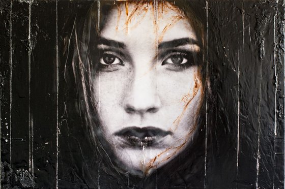 "Under the skin" (75x50x3cm) - Unique portrait artwork on wood (abstract, portrait, gouache, original, painting, coffee, acrylic, oil, watercolor, encaustics, beeswax, resin, wood, fingerpaint)