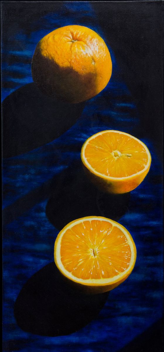 Two Oranges on Dark Blue Silk