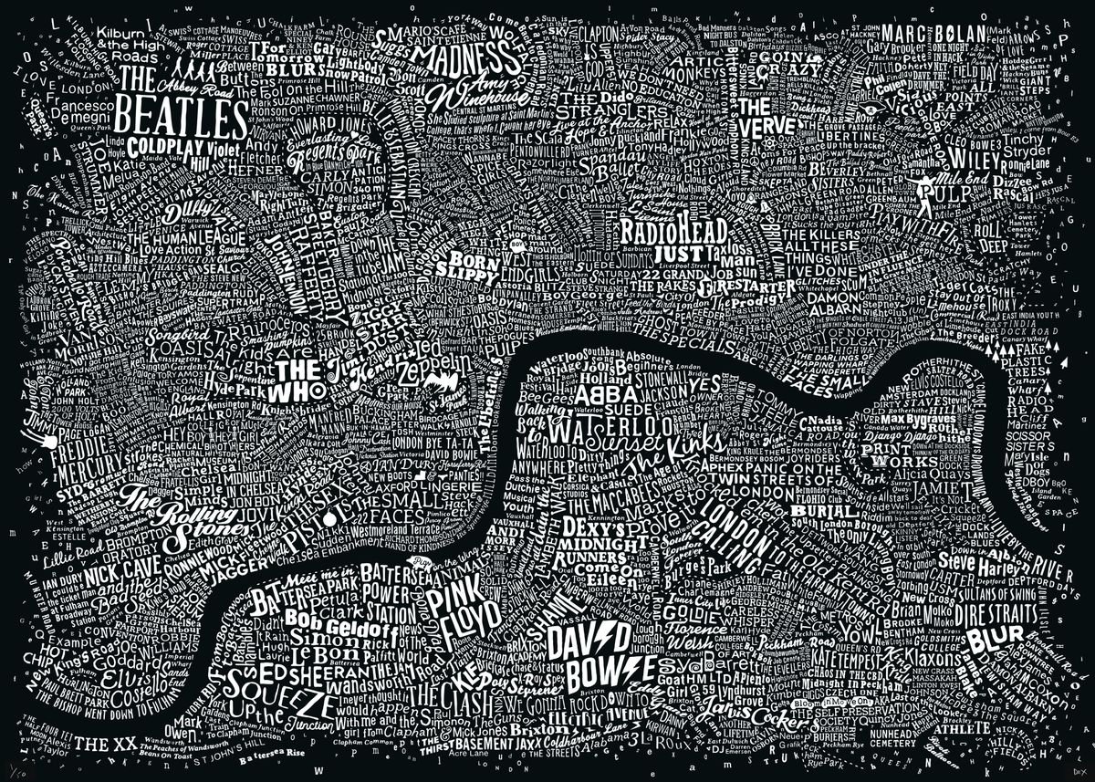 Music Map Of London (A2, Black) by Dex