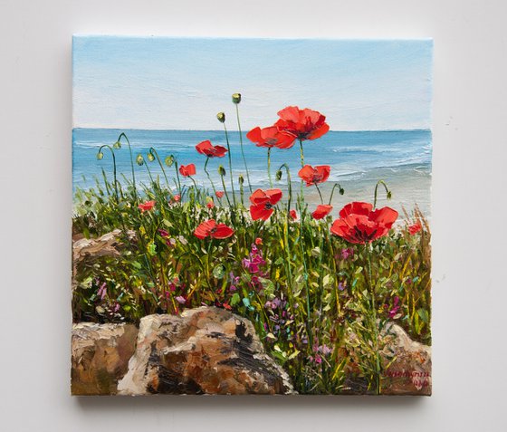 Flowers and sea. Oil painting. Original art. On canvas. 12 x 12in.