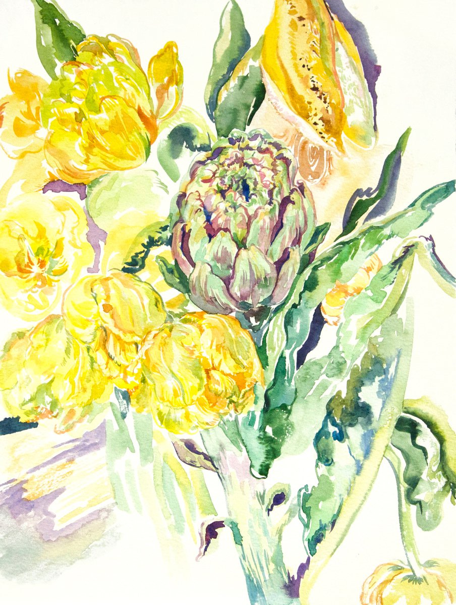 Photorealistic Botanical Watercolour By Daria Galinski, 9 X 13, Flower Piece With Artichoke And Yellow Tulips, Original Artwork