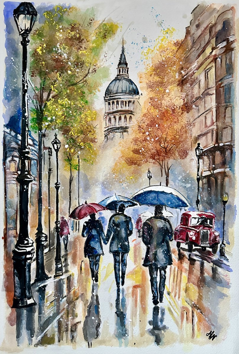 Impressionistic Cityscapes Watercolour By Misty Lady - M. Nierobisz, 13 X 19", London City Stroll, Original Artwork