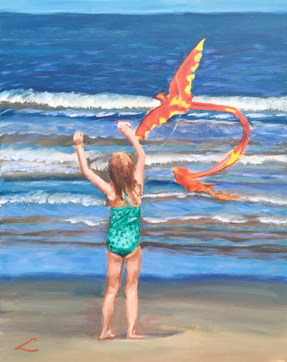 Girl with a kite at the sea