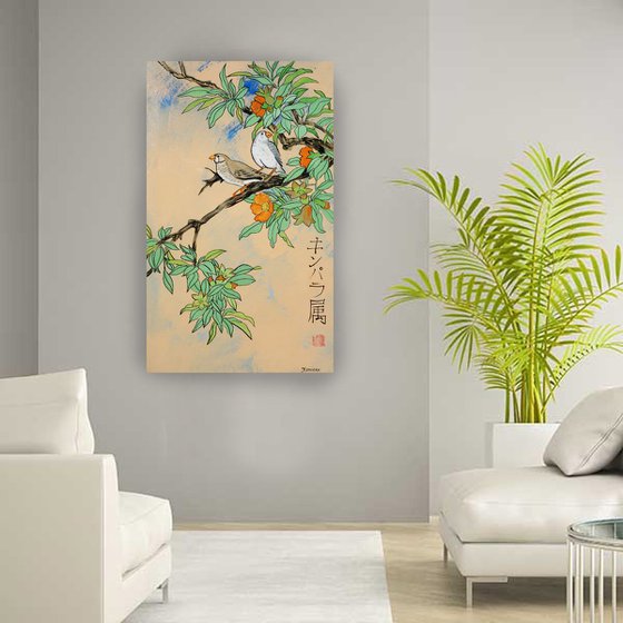 Amadina on the branch Japan Hieroglyph original artwork in japanese style J108 ready to hang painting acrylic on stretched canvas wall art