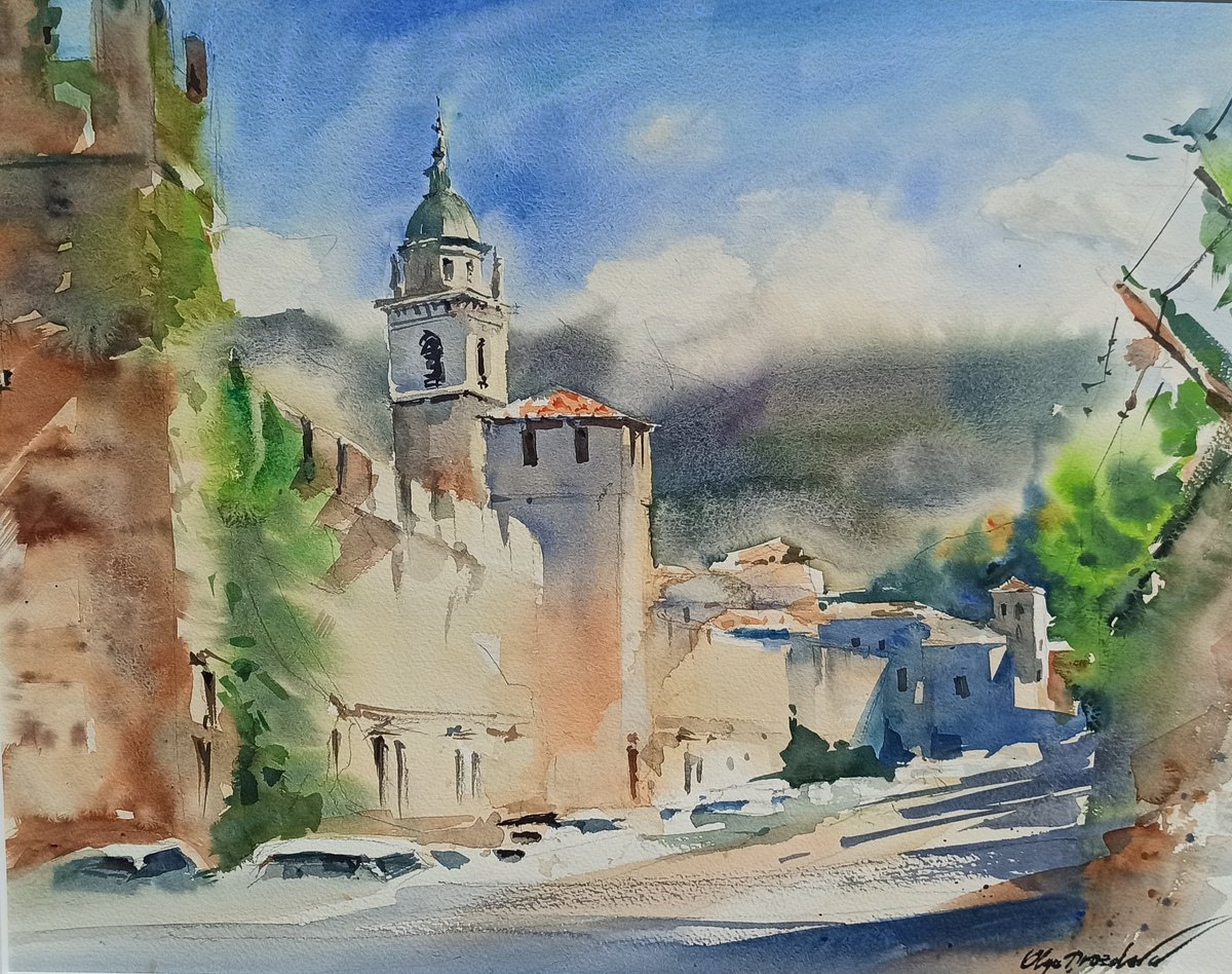 Impressionistic Cityscapes Watercolour By Olga Drozdova, 19 X 15", A Sunny Morning In Rovereto, Original Artwork