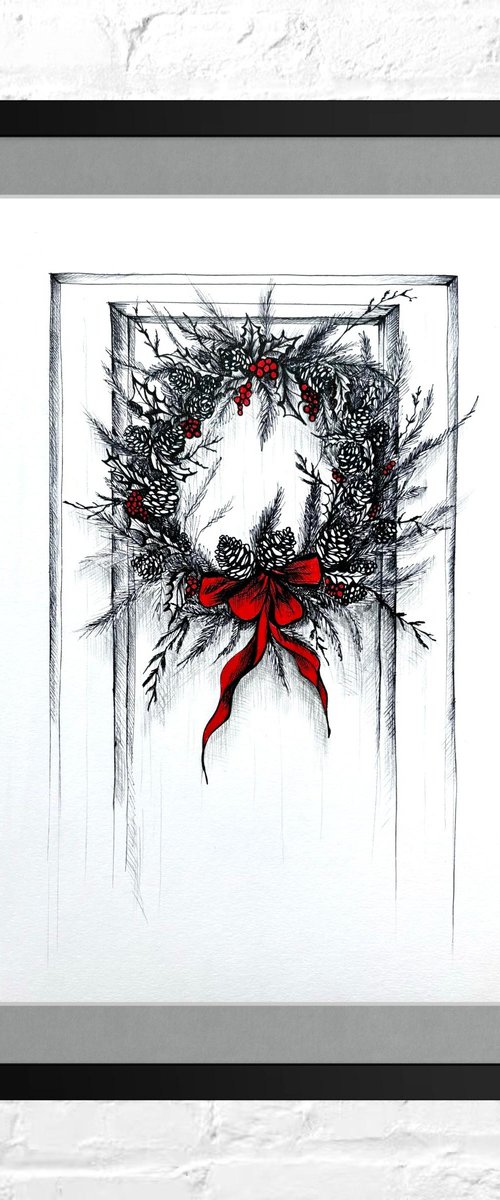 CHRISTMAS WREATH WITH A RED RIBBON by Maria Tuzhilkina