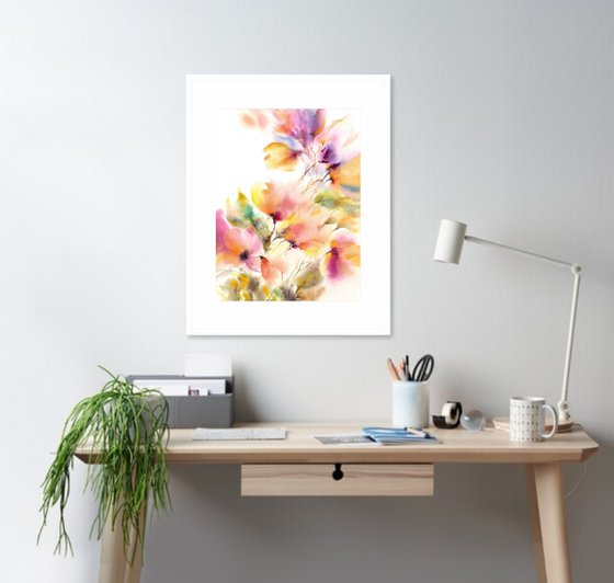 Colorful flowers, watercolor abstract florals