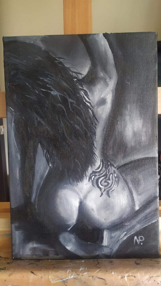 Tattoo, original nude erotic girl oil painting, Gift, bedroom painting