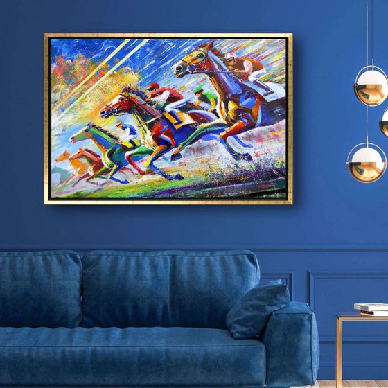 Expressive Horse Racing Artwork, Dynamic Vibrant Acrylic Painting, Impressionist Style