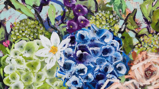 Blue Hydrangea and Roses