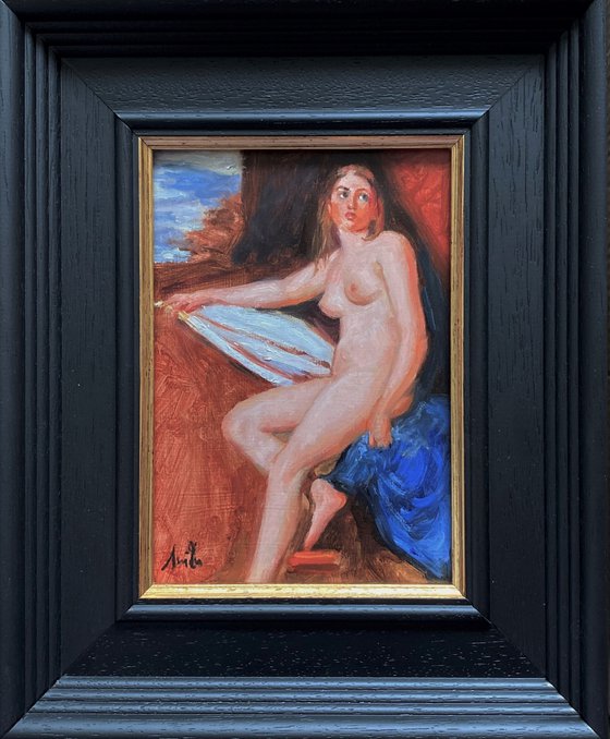 Old Master style female nude figure oil painting, with wooden frame.