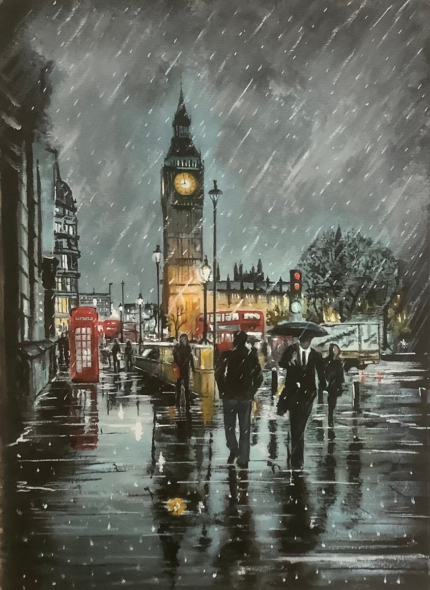 Wet London evening Watercolour by Darren Carey | Artfinder