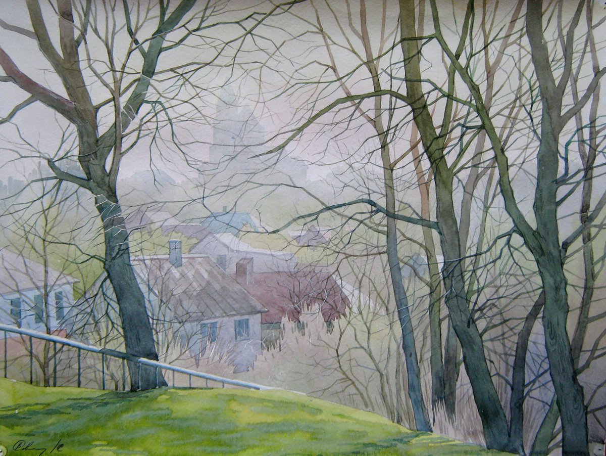 Impressionistic Landscape Watercolour By Valeriy Savenets-1, 16 X 12", Summer Landscape With City View, Original Artwork