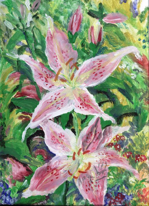 pink lilies in the border by Sandra Fisher