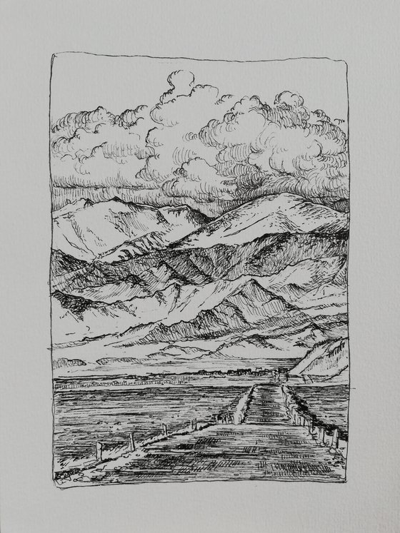 Caucasus mountains. Little landscape drawing. Ink landscape art