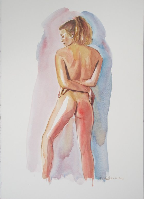 Standing female nude back study