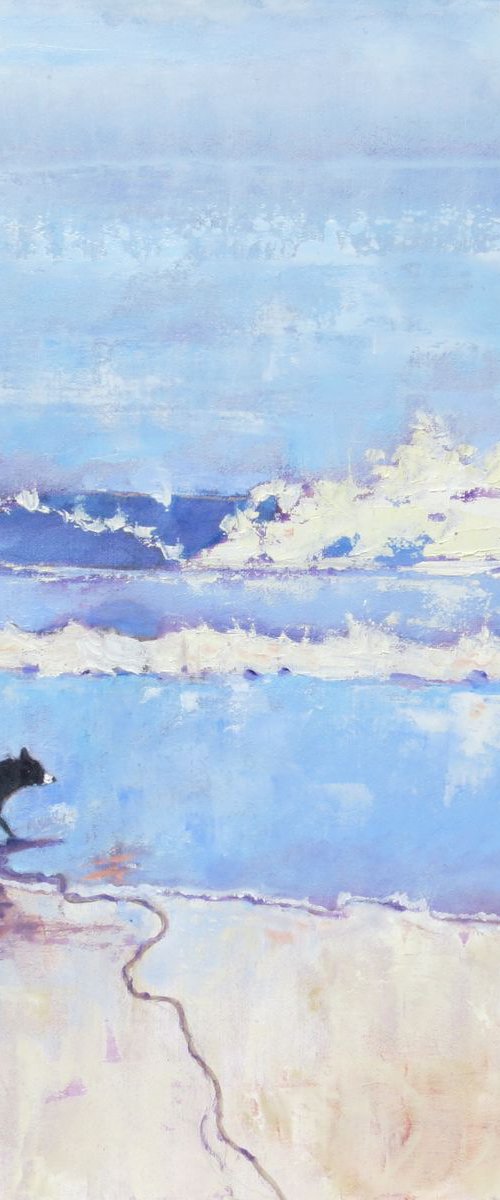 Grace the the Border Collie Encounters a Wave. by Mary Kemp