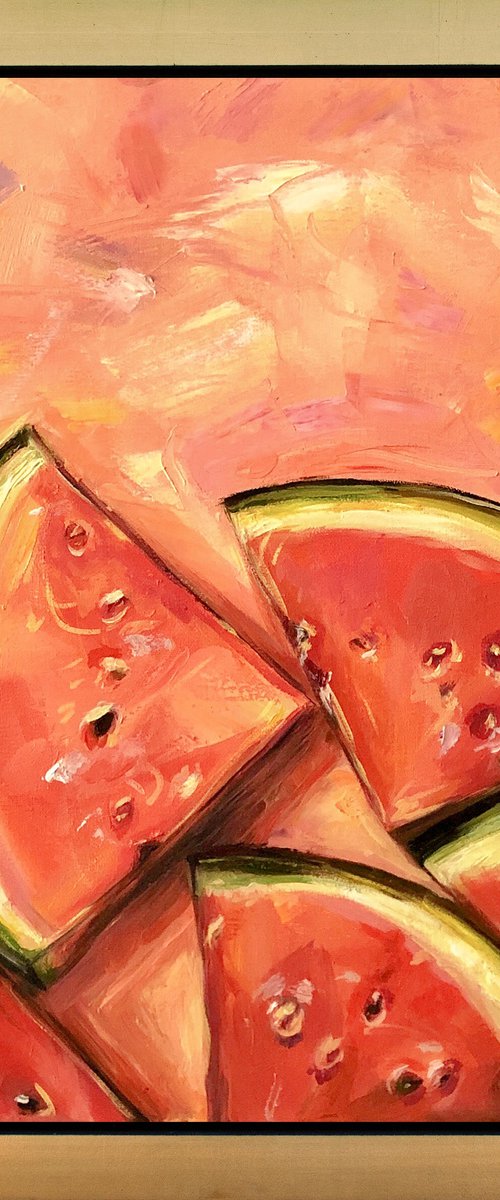 WATERMELON SUGAR, Original Orange and Pink Vibrant Watermelon Still Life Oil Painting by Nastia Fortune