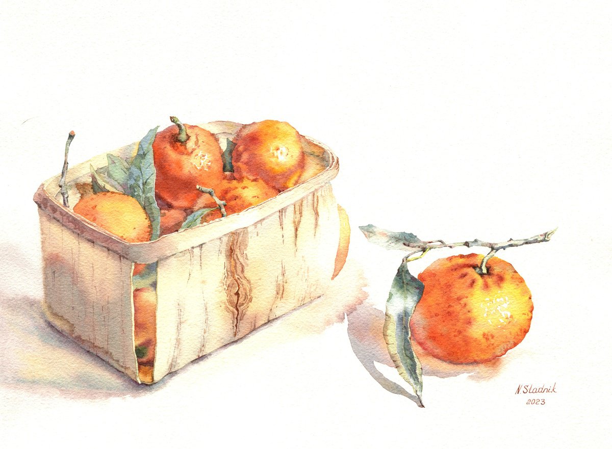 Ukrainian watercolour. Tangerines in a basket by Nina Zakharova