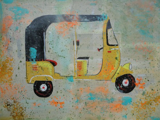 Tuk Tuk - Indian Auto rickshaw - Collage on canvas..Vintage Gift Idea