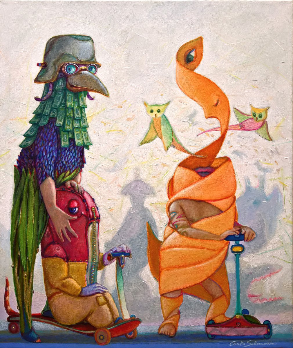 Surrealistic Portrait Acrylic Painting By Carlo Salomoni, 20 X 24, All In Scooter, Original Artwork