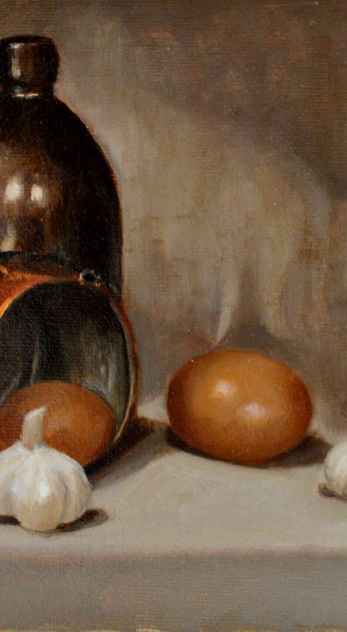 Still life with eggs and garlic by Daniela Roughsedge