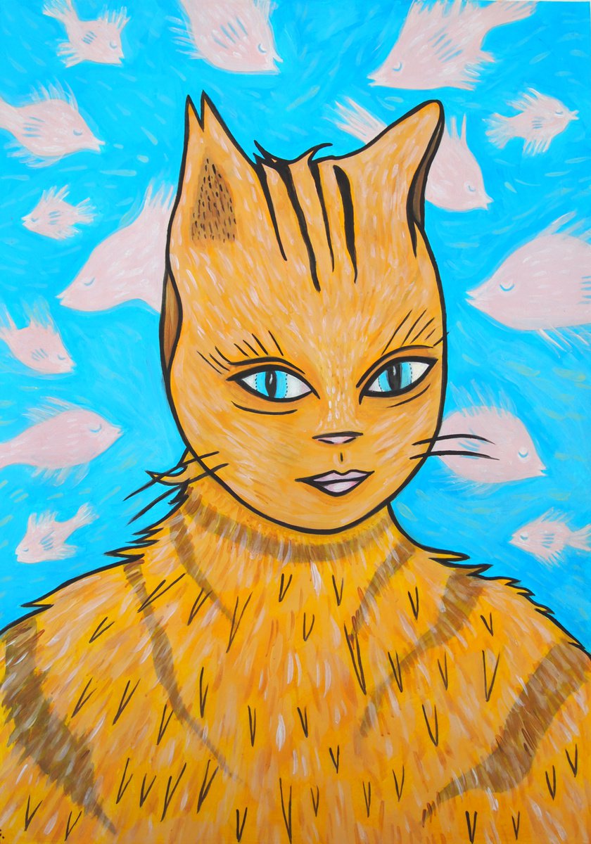 Cat Girl with Fish - Oil on paper by Kitty Cooper