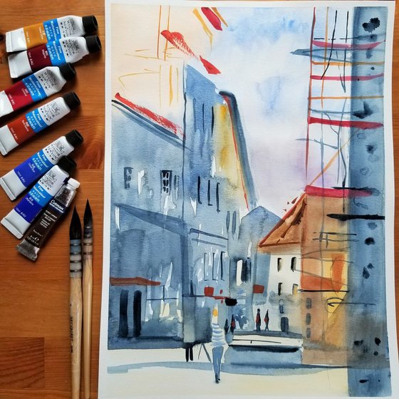 Ravensburg Stroll. Original Watercolor Painting on Cold Press Paper 300 g/m or 140 lb/m. Cityscape Painting. Wall Art. 11" x 15". 27.9 x 38.1 cm. Unframed and unmatted.