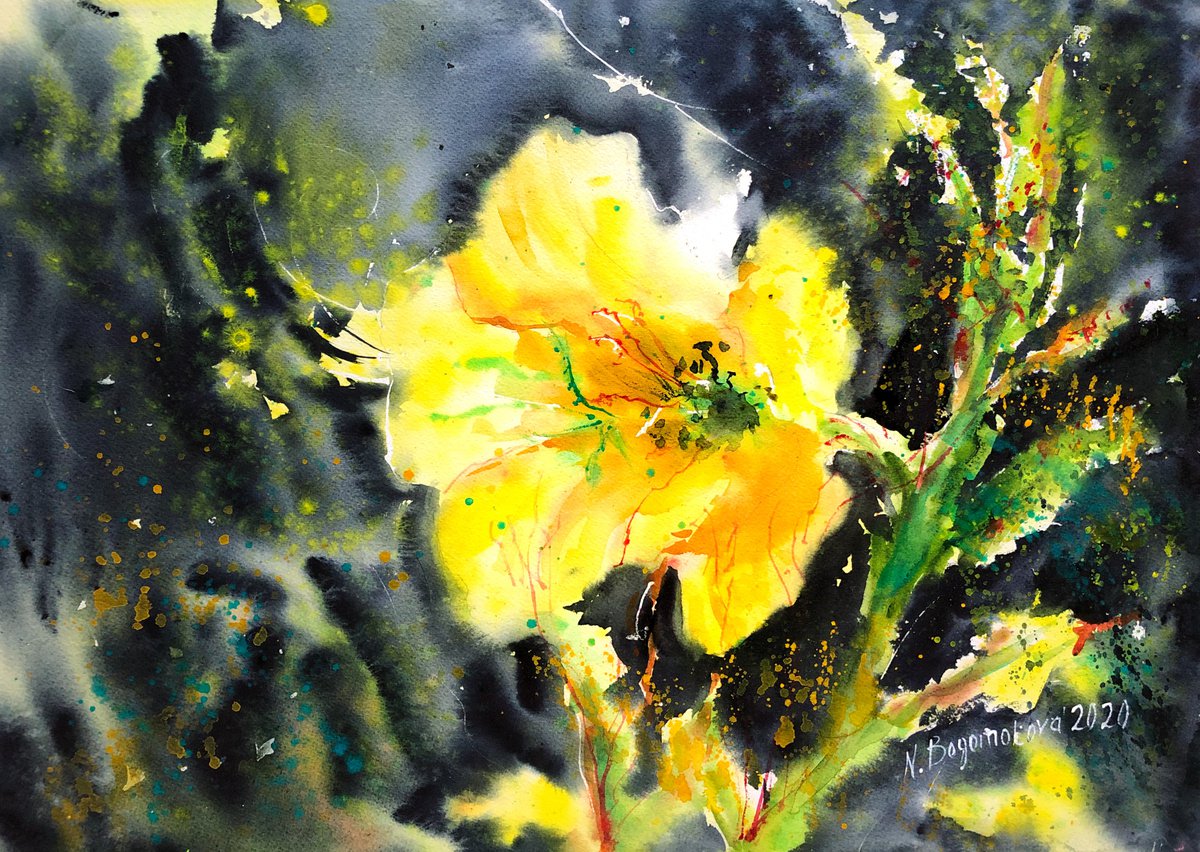 LEMON YELLOW MAGICAL FLOWER - watercolour painting artwork by Nadezhda Bogomolova