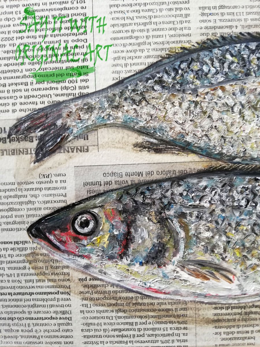 Impressionistic Still Life Oil Painting By Katia Ricci, 12 X 8", Scaled Fishes On Newspaper, Original Artwork