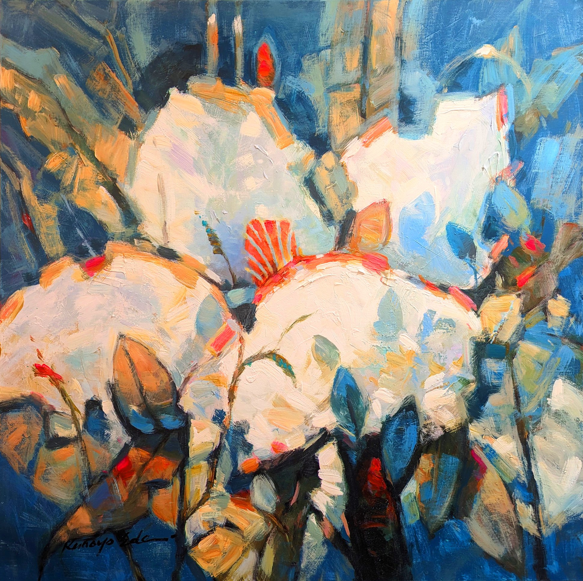 Impressionistic Botanical Acrylic Painting By Kanayo Ede, 30 X 30", Floral Blossom, Original Artwork