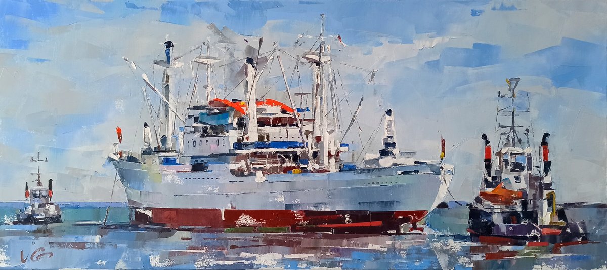Impressionistic Landscape Oil Painting By Volodymyr Glukhomanyuk, 35 X 16", Cargo Ship Cap San Diego, Original Artwork