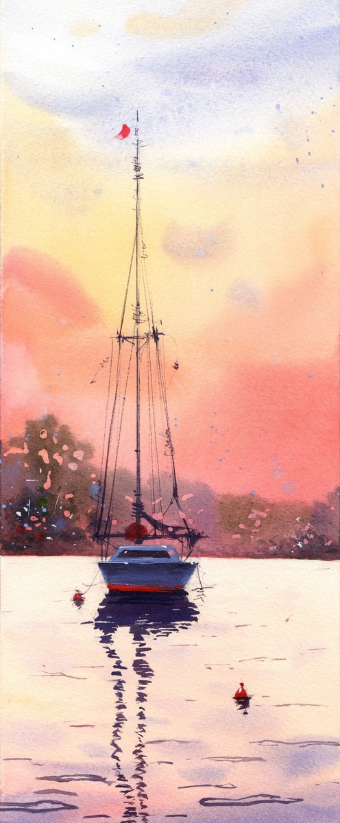 ????PEACH SUNSET #2 ???? Original watercolor painting on paper, sea, lake, seascape, sunset by Alina Shangina ??