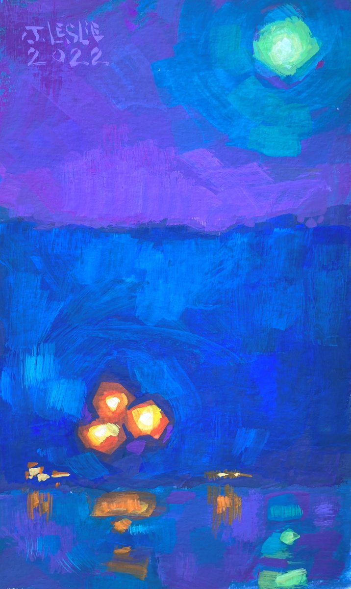 Impressionistic Painting , Lights Across Lake Ariel By Jimmy Leslie, 3 X 5, Artwork For Sale On Artfinder