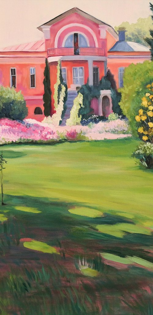 Impressionist landscape with a Manor and a Garden full of roses by Jane Lantsman
