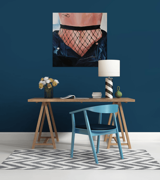 CAGE - painting on canvas woman body nude tights blue jeans freedom infinity home interior office art feminism erotic art