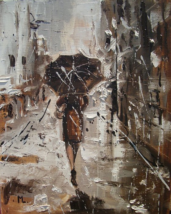 " HE IS WAINTING AT HER ... " original oil painting RAIN brown