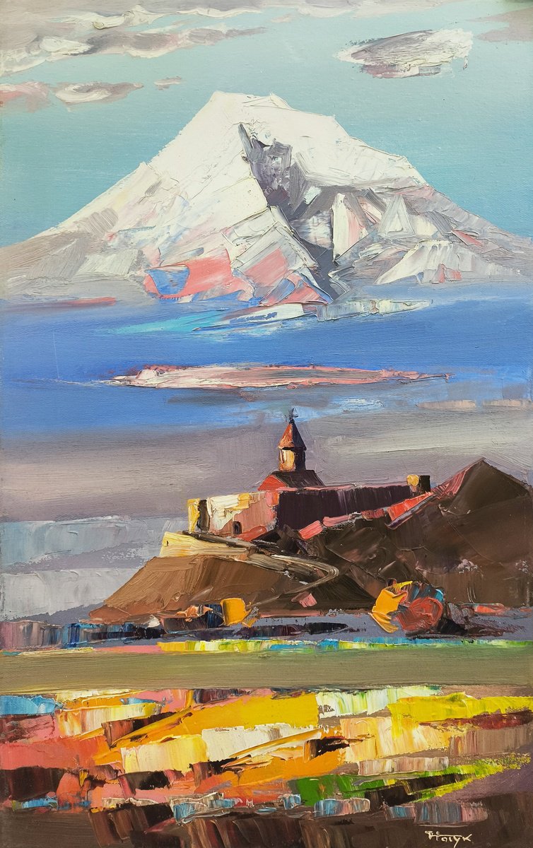 Impressionistic Landscape Oil Painting By Hayk Miqayelyan, 16 X 28, Sanctuary Of The Mountain, Original Artwork